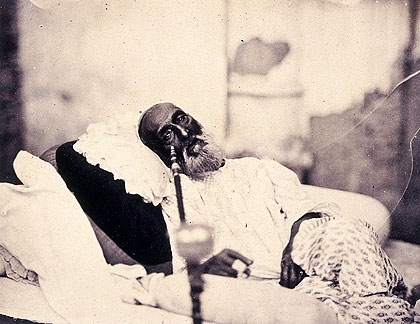 Bahadur Shah Zafar II. (1775-1862), in May 1858, "in captivity in Delhi awaiting trial by the British for his support of the Uprising of 1857-58" and before his departure for exile in Rangoon. This is possibly the only photograph ever taken of a Mughal emperor.